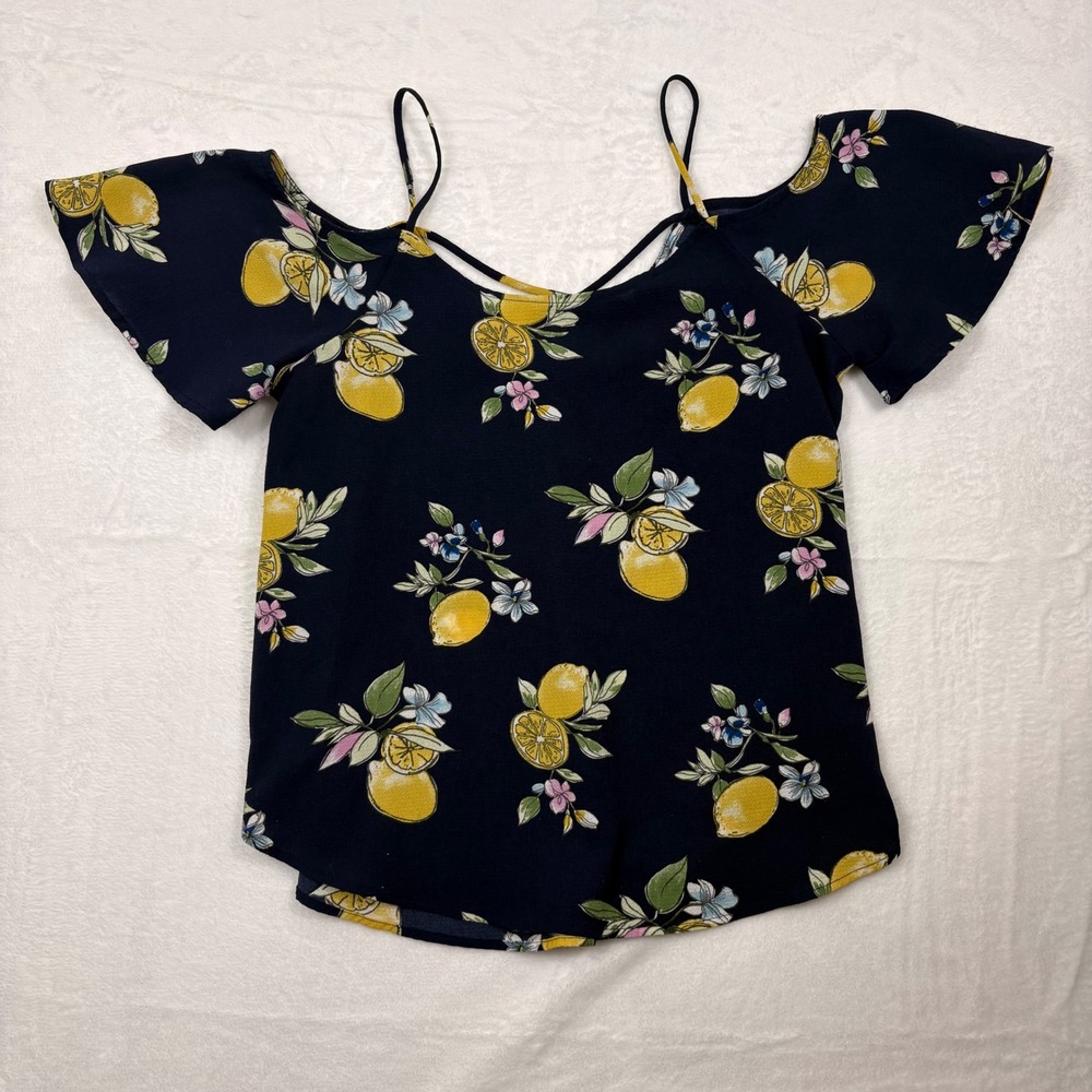 Kaileigh Navy Blue Lemon Print Cold Shoulder Blouse Flutter Sleeve Small